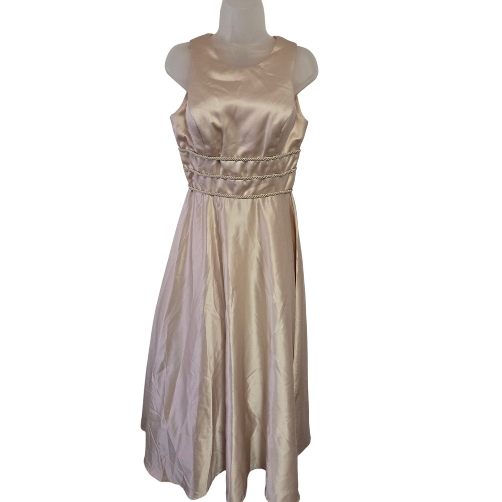 Vintage 60s Champagne Satin‎ Sleeveless Formal Gown Rope Waist Bow Back A-Line